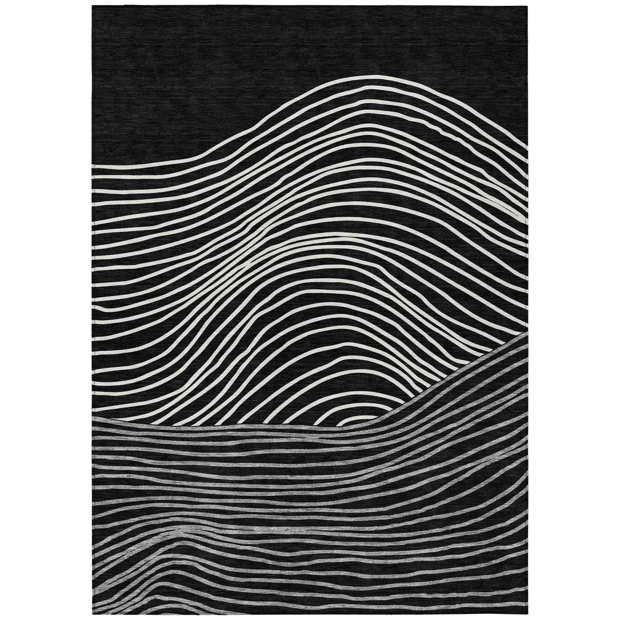 5' X 8' Black Ivory And Gray Striped Washable Indoor Outdoor Area Rug