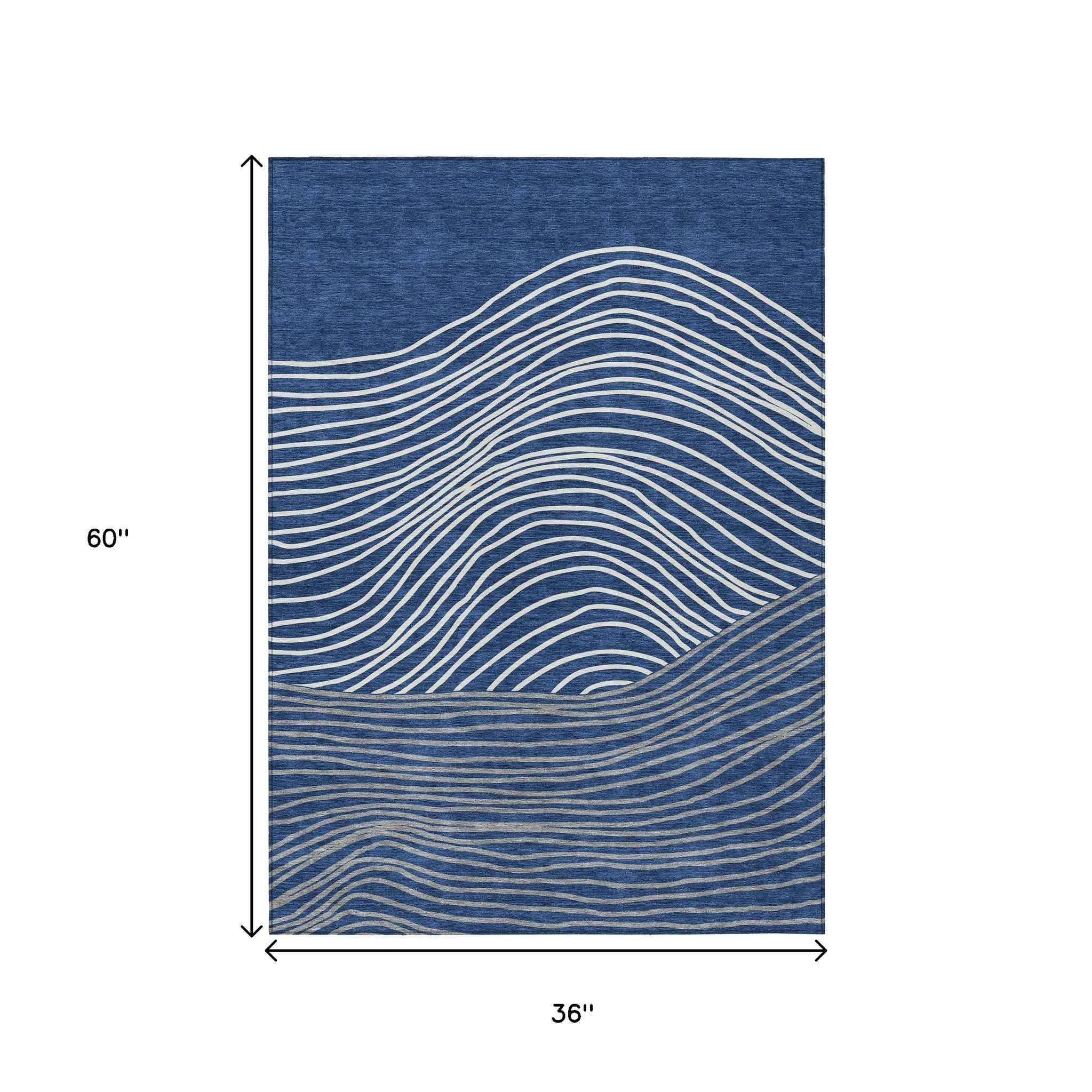 3' X 5' Navy Blue And Ivory Striped Washable Indoor Outdoor Area Rug