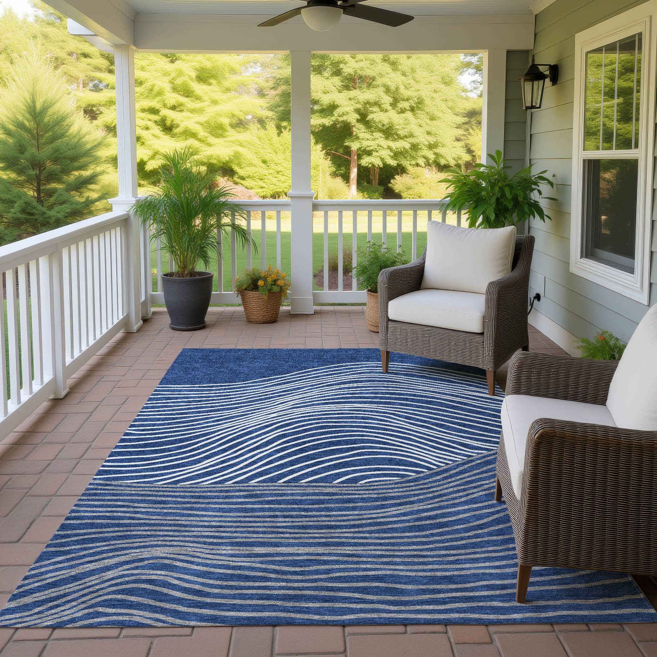 3' X 5' Navy Blue And Ivory Striped Washable Indoor Outdoor Area Rug