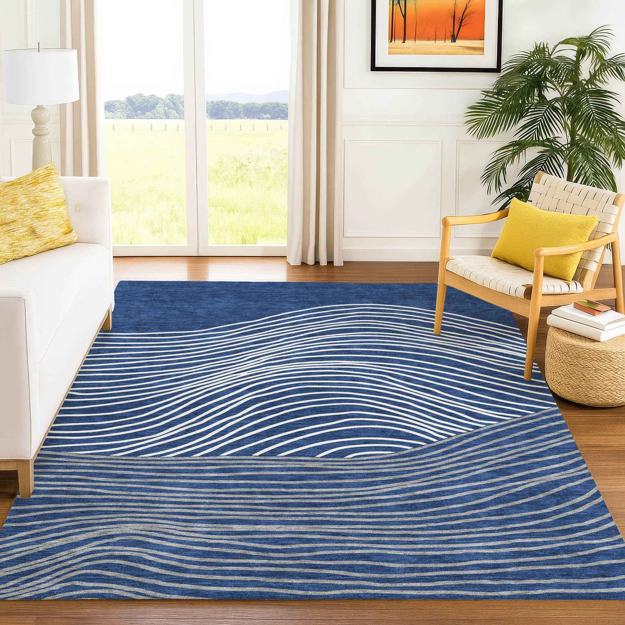 3' X 5' Navy Blue And Ivory Striped Washable Indoor Outdoor Area Rug