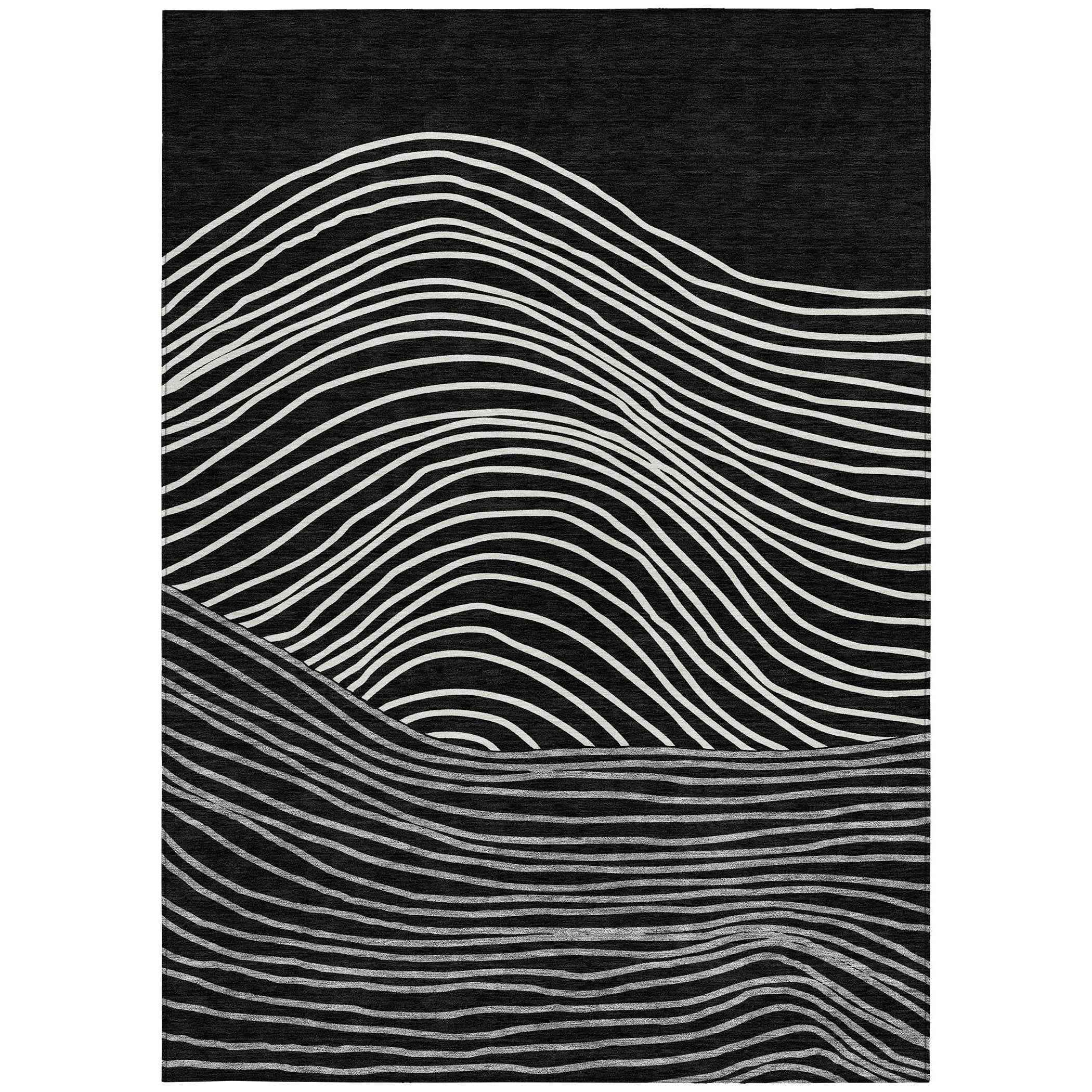 9' X 12' Black Ivory And Gray Striped Washable Indoor Outdoor Area Rug