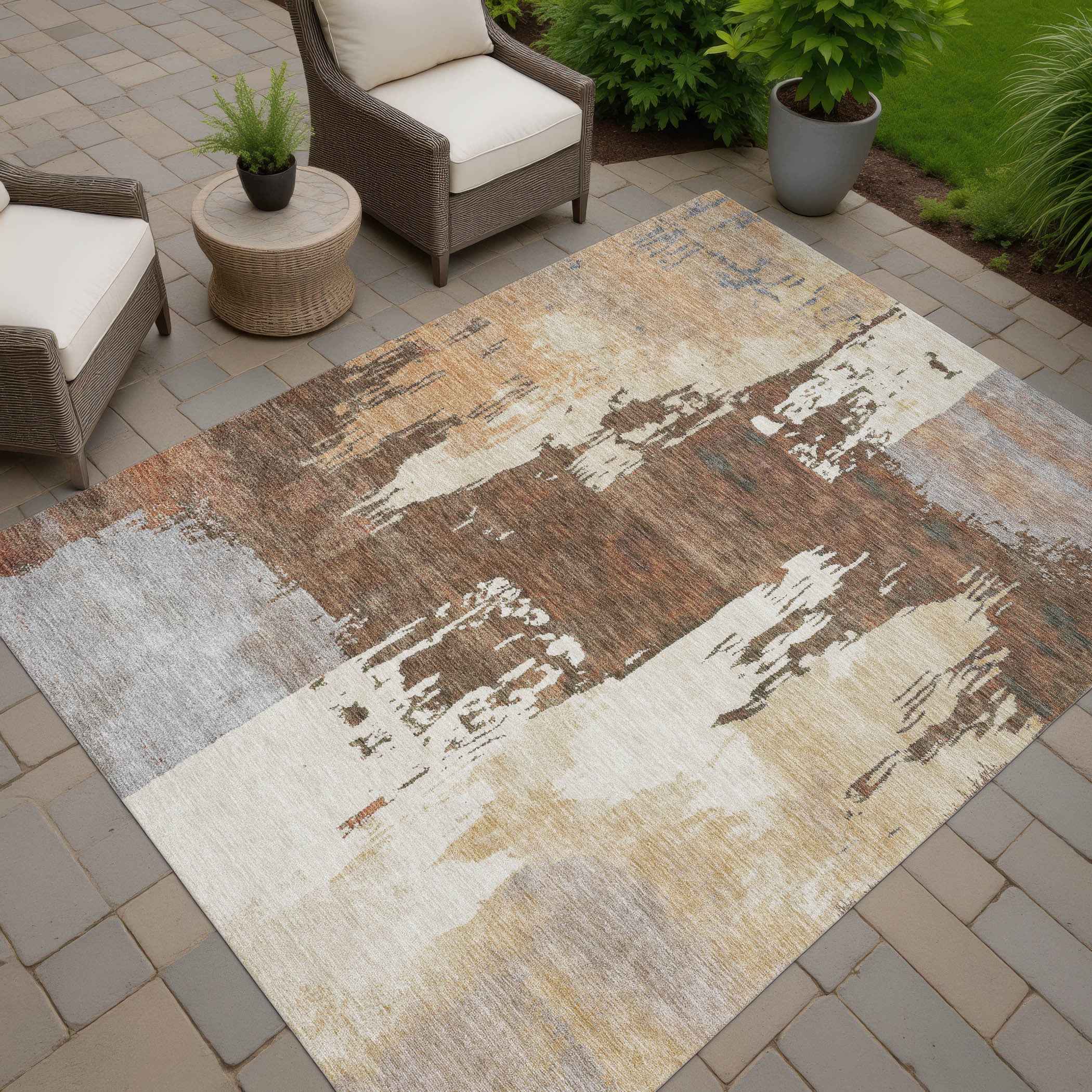 3' X 5' Rust Ivory And Gray Abstract Washable Indoor Outdoor Area Rug