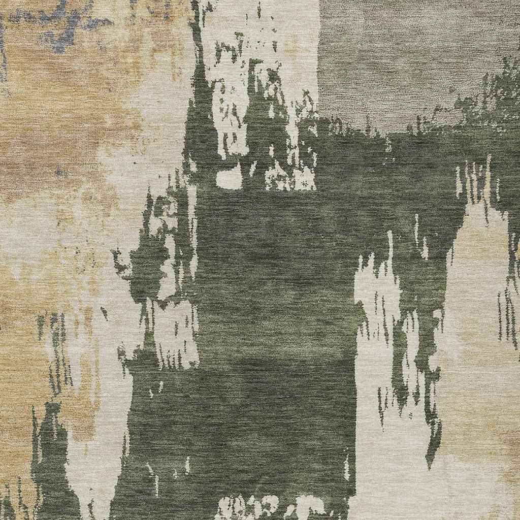 10' X 14' Olive Green Ivory And Tan Abstract Washable Indoor Outdoor Area Rug