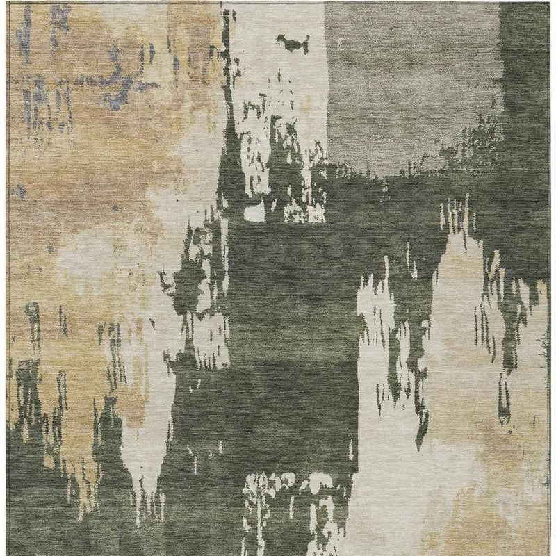 10' X 14' Olive Green Ivory And Tan Abstract Washable Indoor Outdoor Area Rug