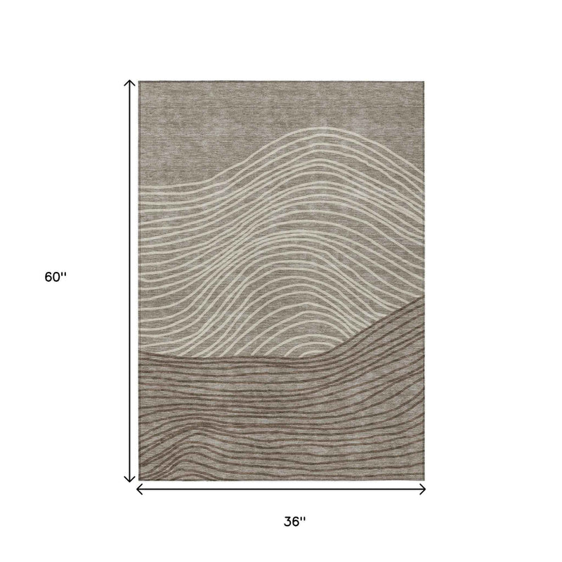 3' X 5' Taupe Beige And Brown Striped Washable Indoor Outdoor Area Rug