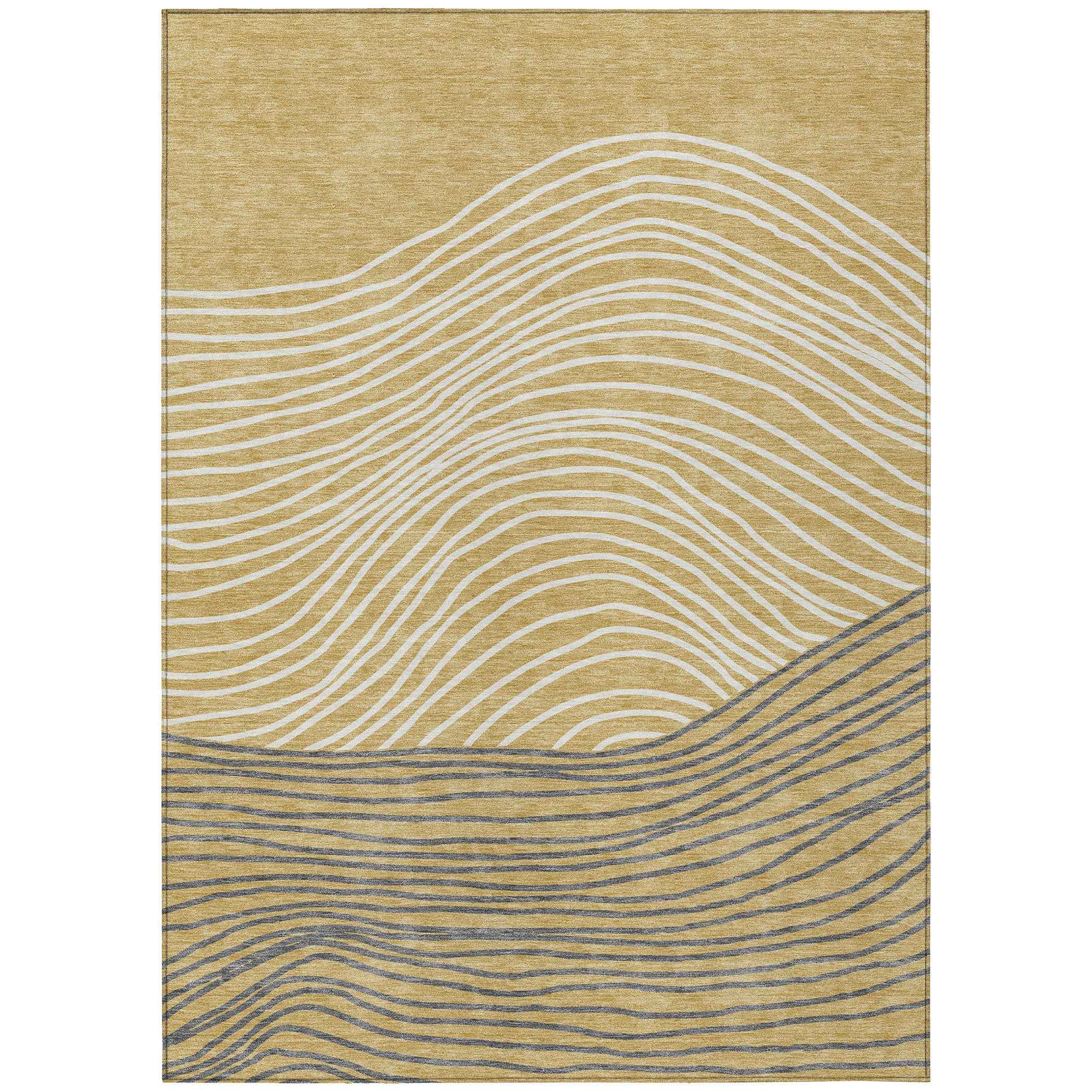 3' X 5' Gold Ivory And Charcoal Striped Washable Indoor Outdoor Area Rug