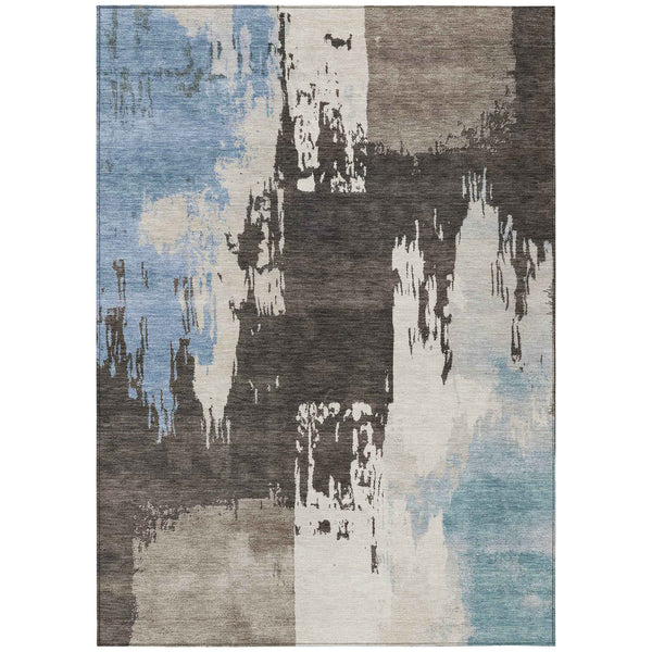 10' X 14' Brown Ivory And Blue Abstract Washable Indoor Outdoor Area Rug