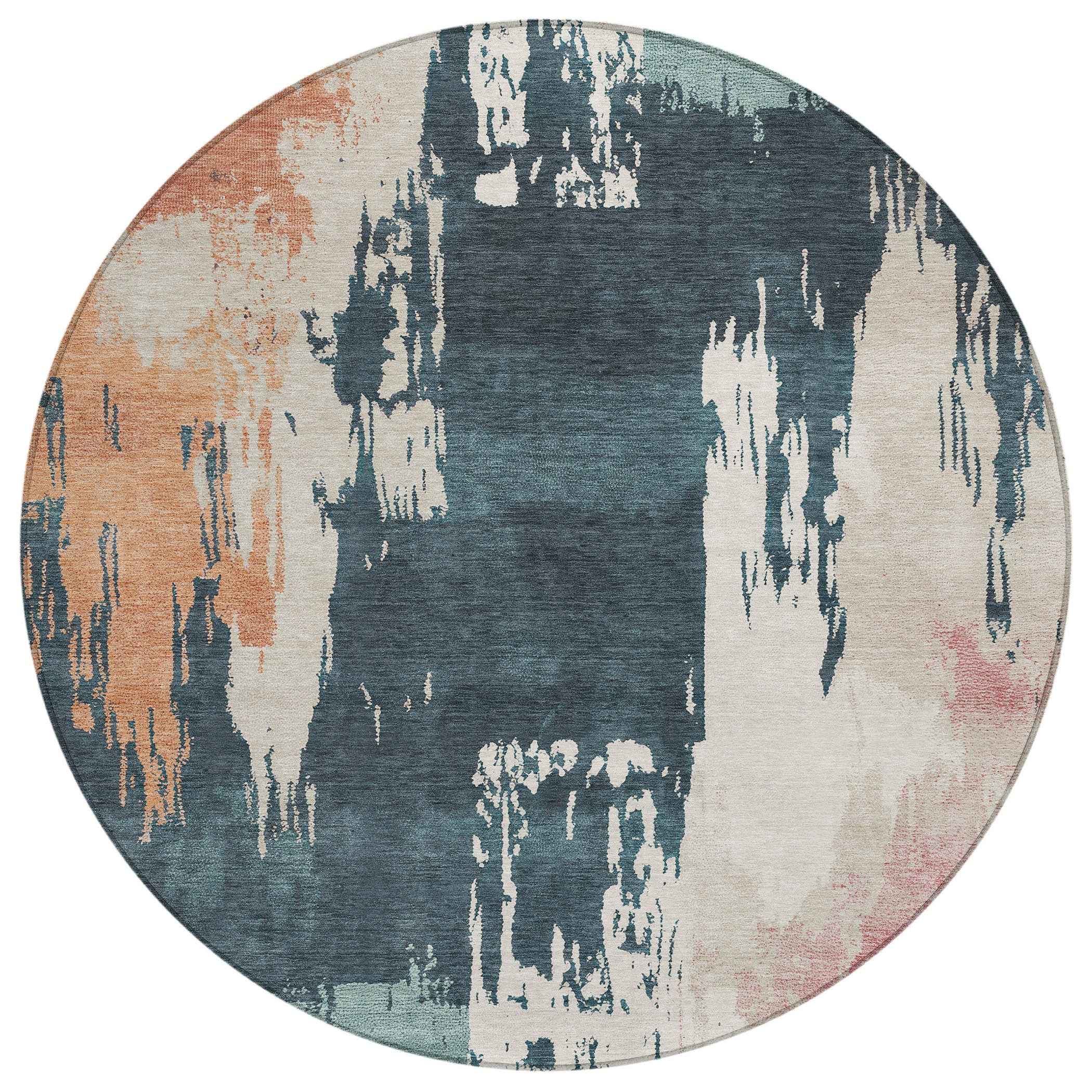 8' Teal Blue Pink And Orange Round Abstract Washable Indoor Outdoor Area Rug