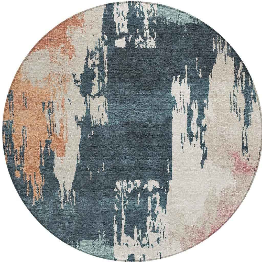 8' Teal Blue Pink And Orange Round Abstract Washable Indoor Outdoor Area Rug