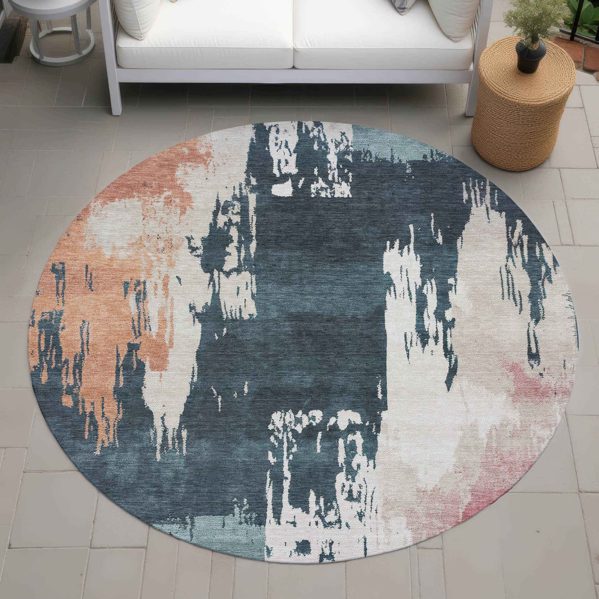8' Teal Blue Pink And Orange Round Abstract Washable Indoor Outdoor Area Rug