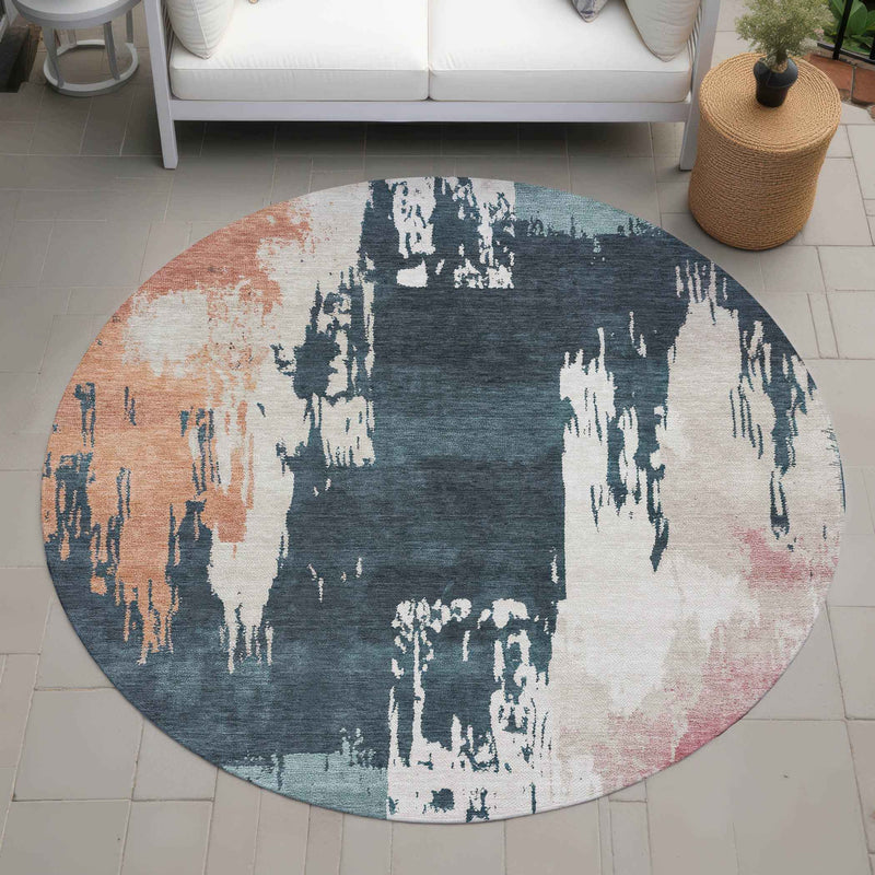8' Teal Blue Pink And Orange Round Abstract Washable Indoor Outdoor Area Rug