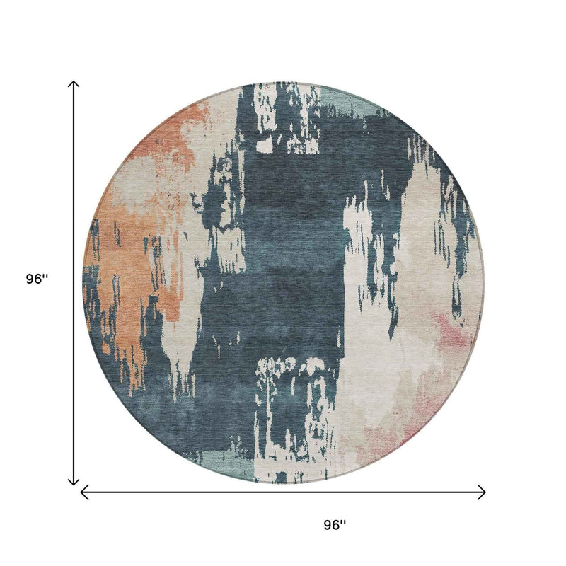 8' Teal Blue Pink And Orange Round Abstract Washable Indoor Outdoor Area Rug