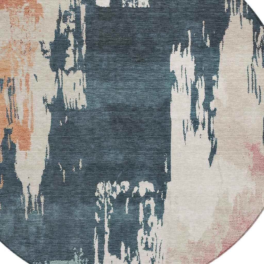 8' Teal Blue Pink And Orange Round Abstract Washable Indoor Outdoor Area Rug