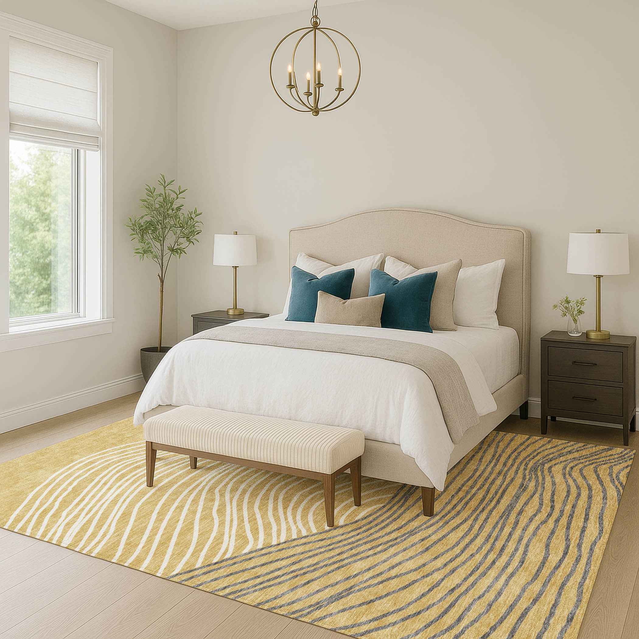 10' X 14' Gold Ivory And Charcoal Striped Washable Indoor Outdoor Area Rug