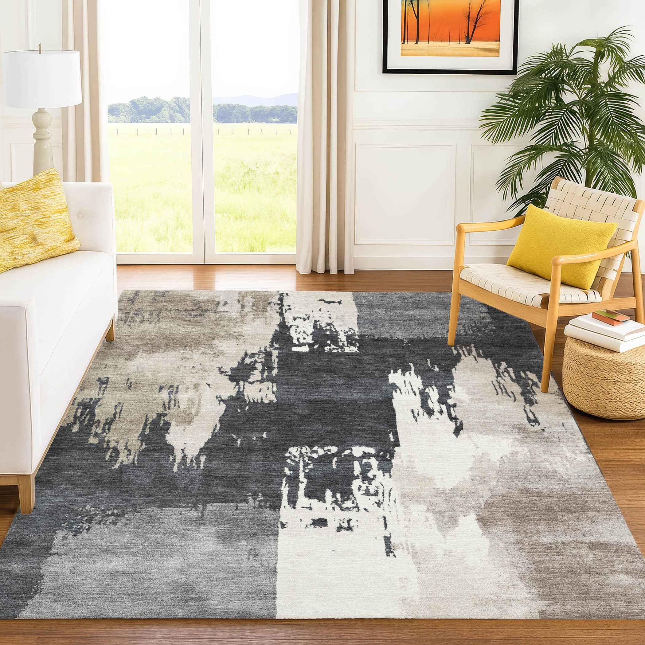 8' X 10' Charcoal Ivory And Beige Abstract Washable Indoor Outdoor Area Rug