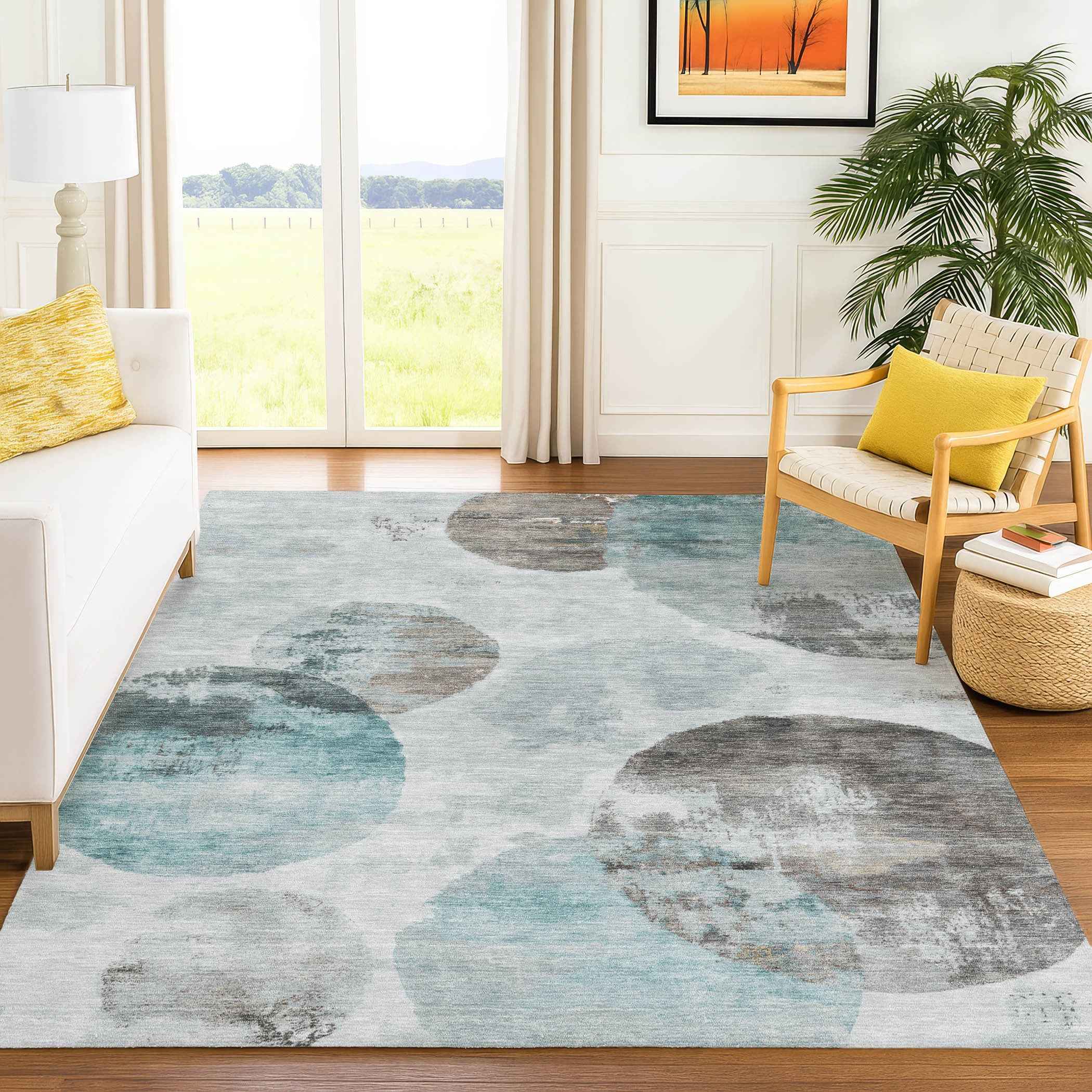 3' X 5' Teal Blue Ivory And Taupe Abstract Washable Indoor Outdoor Area Rug