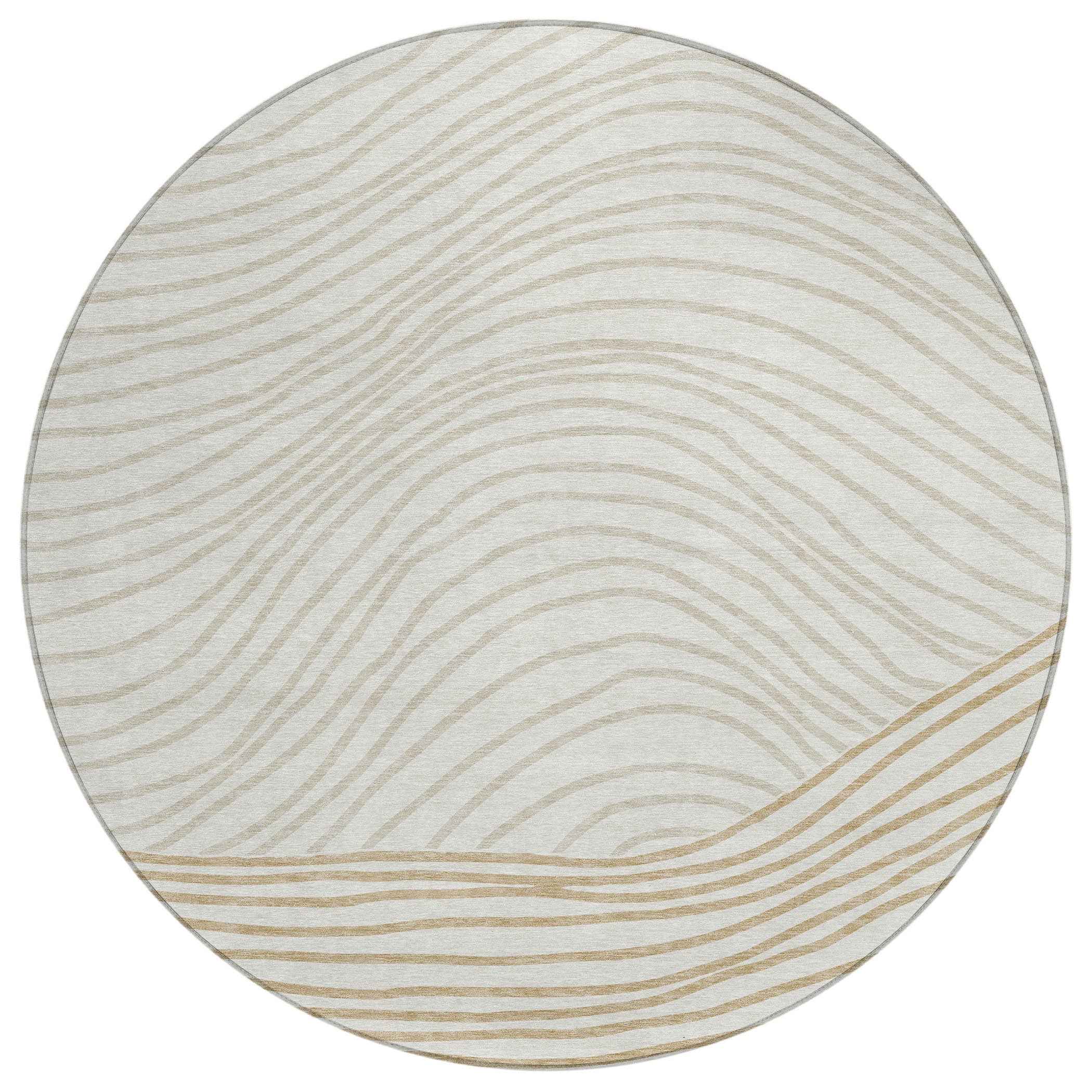 8' Ivory And Wheat Round Striped Washable Indoor Outdoor Area Rug