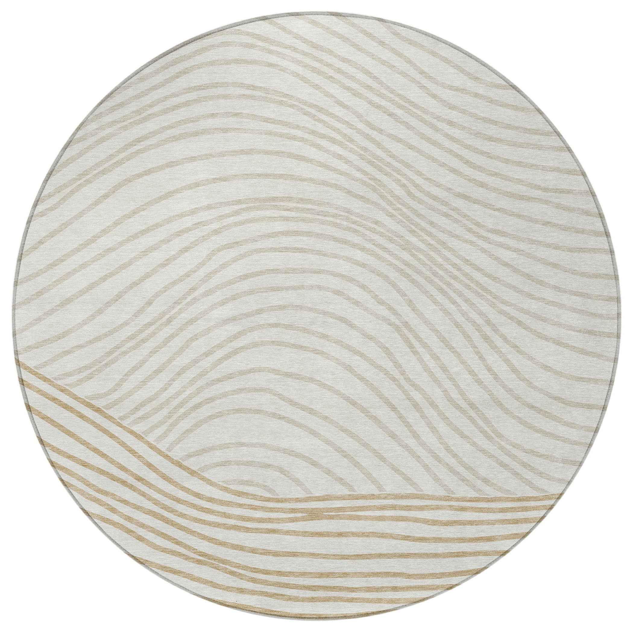 8' Ivory And Wheat Round Striped Washable Indoor Outdoor Area Rug