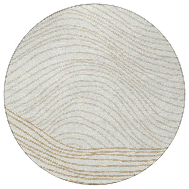 8' Ivory And Wheat Round Striped Washable Indoor Outdoor Area Rug