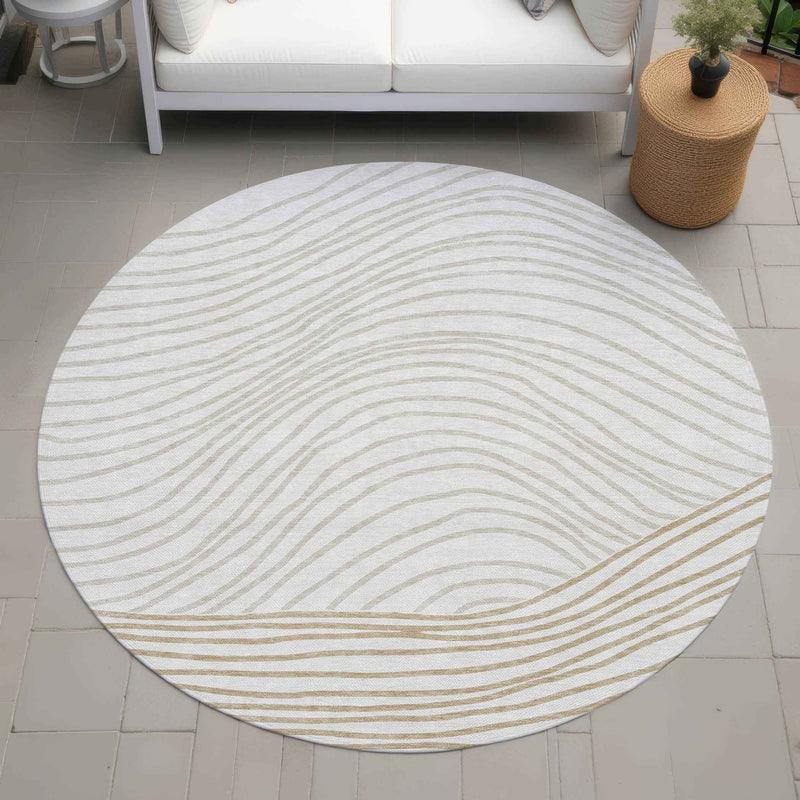 8' Ivory And Wheat Round Striped Washable Indoor Outdoor Area Rug