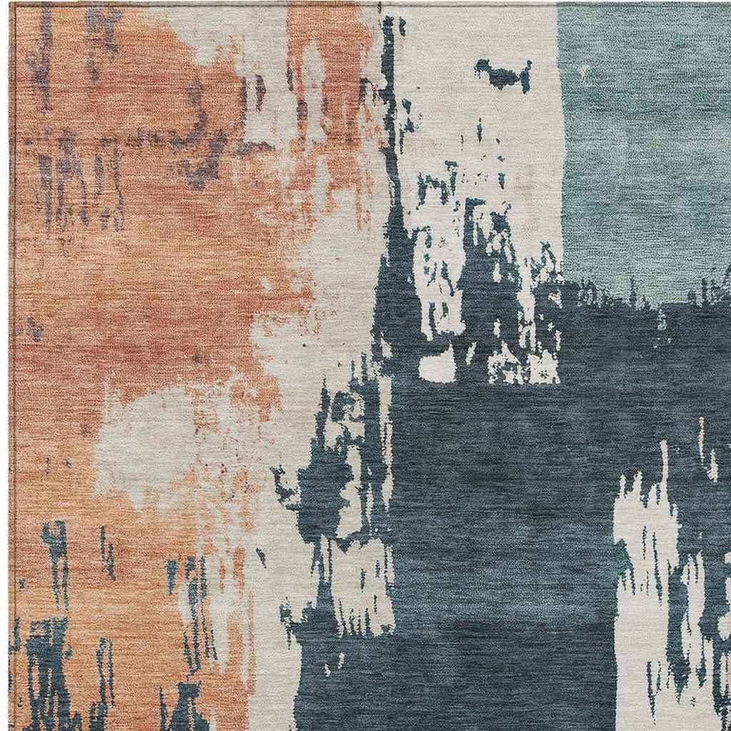 9' X 12' Teal Blue Pink And Orange Abstract Washable Indoor Outdoor Area Rug