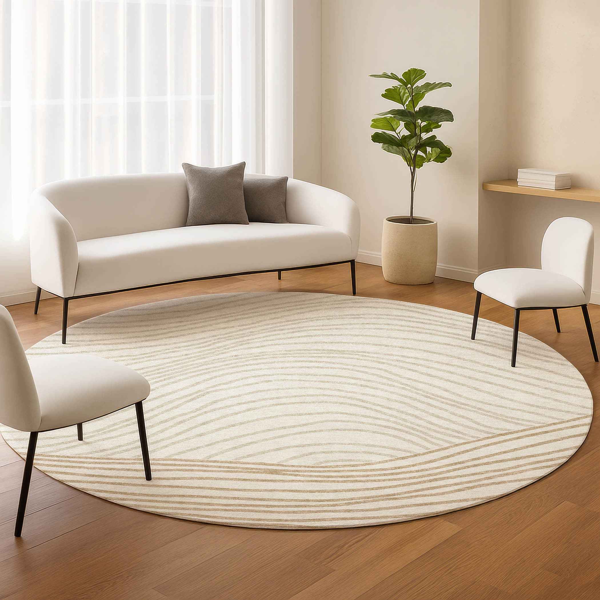 8' Ivory And Wheat Round Striped Washable Indoor Outdoor Area Rug