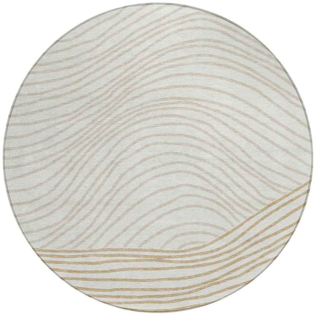 8' Ivory And Wheat Round Striped Washable Indoor Outdoor Area Rug