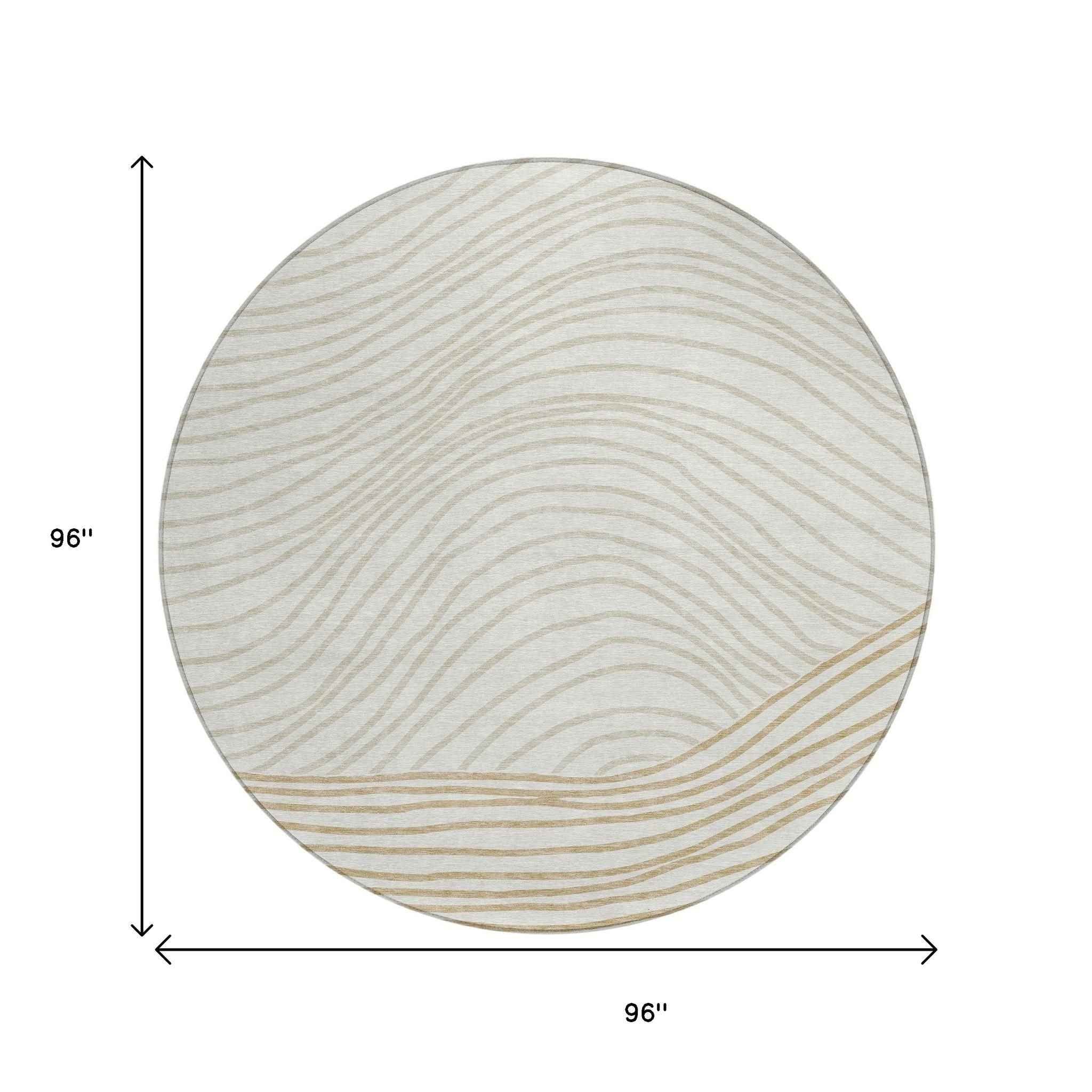8' Ivory And Wheat Round Striped Washable Indoor Outdoor Area Rug