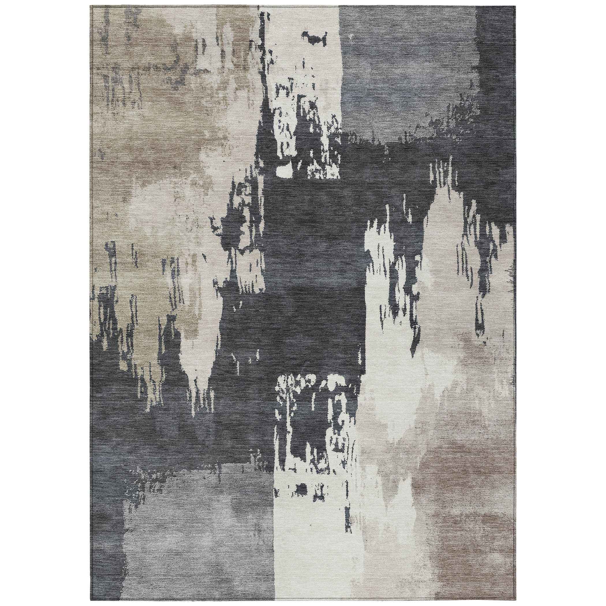10' X 14' Charcoal Ivory And Beige Abstract Washable Indoor Outdoor Area Rug