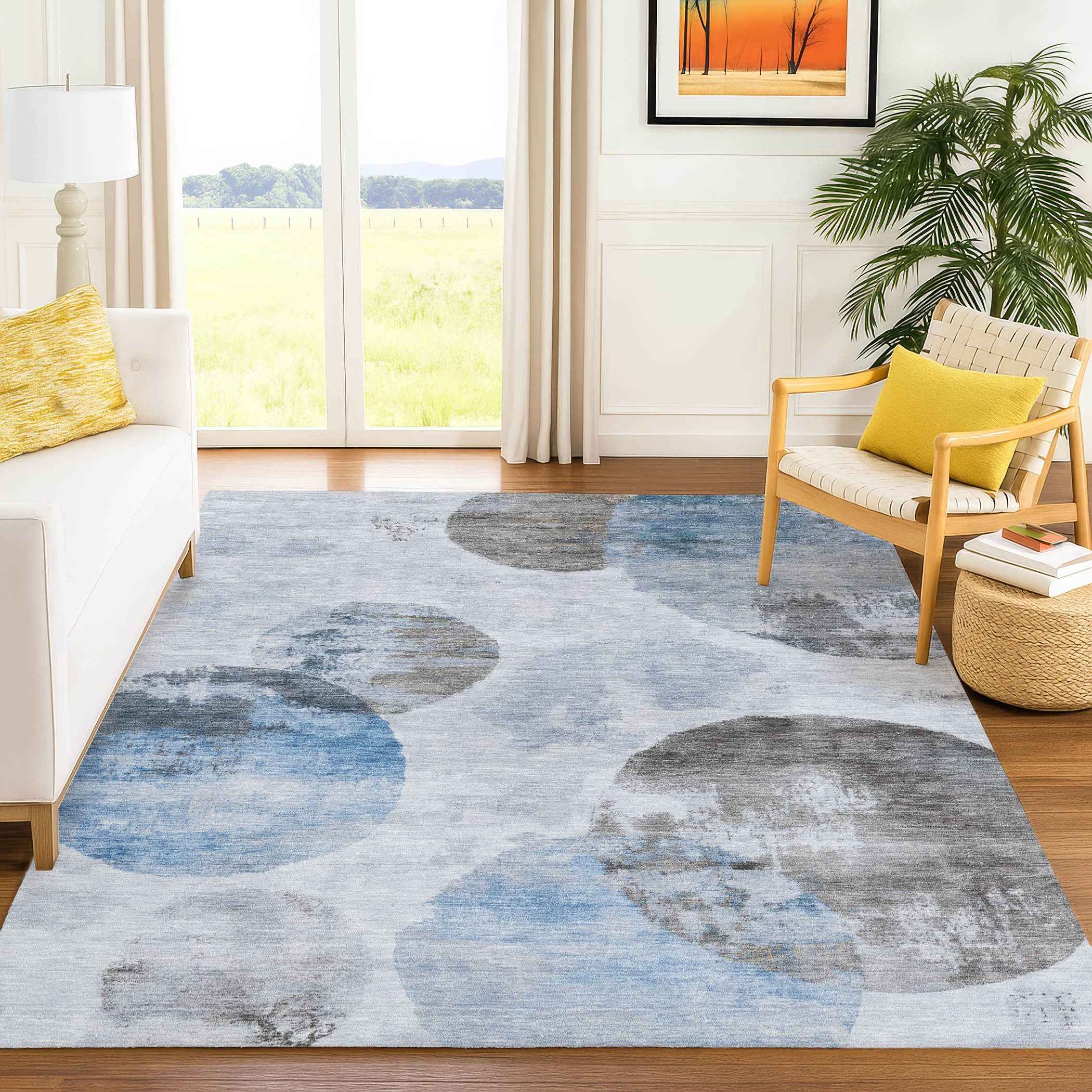 10' X 14' Denim Blue Taupe And Ivory Abstract Washable Indoor Outdoor Area Rug