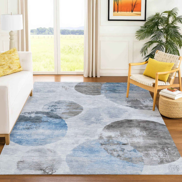 10' X 14' Denim Blue Taupe And Ivory Abstract Washable Indoor Outdoor Area Rug