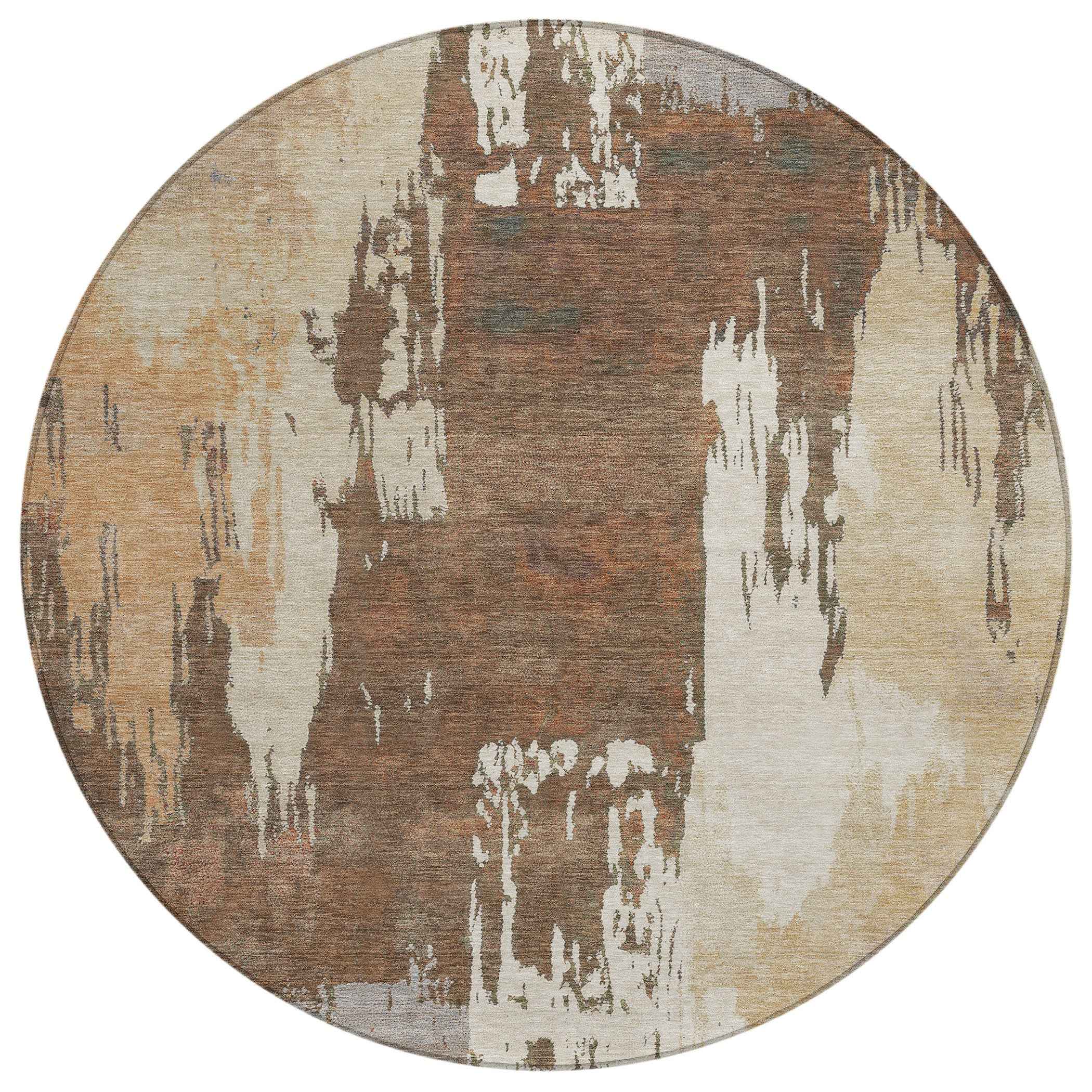 8' Rust Ivory And Gray Round Abstract Washable Indoor Outdoor Area Rug