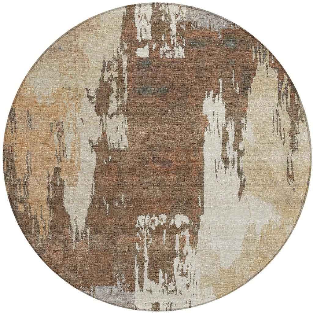 8' Rust Ivory And Gray Round Abstract Washable Indoor Outdoor Area Rug