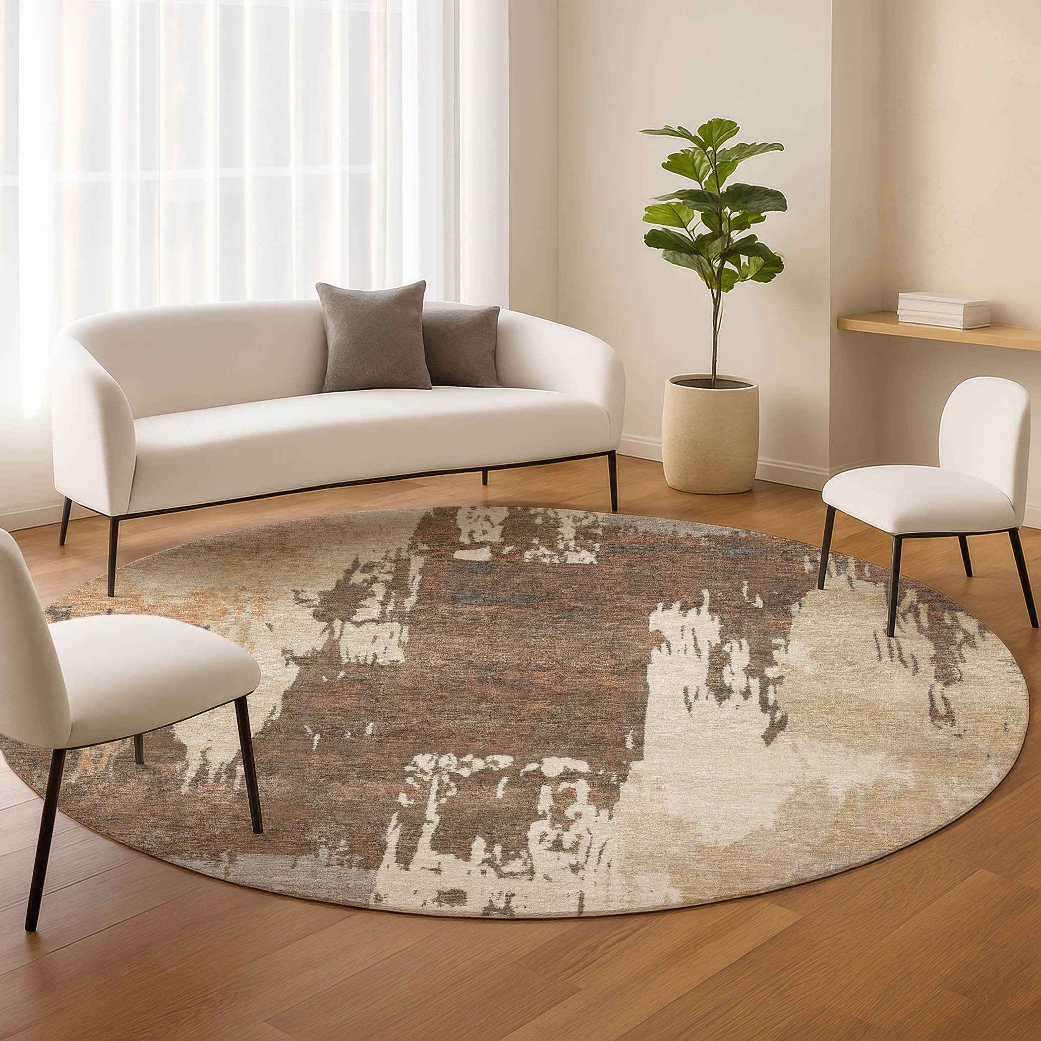 8' Rust Ivory And Gray Round Abstract Washable Indoor Outdoor Area Rug