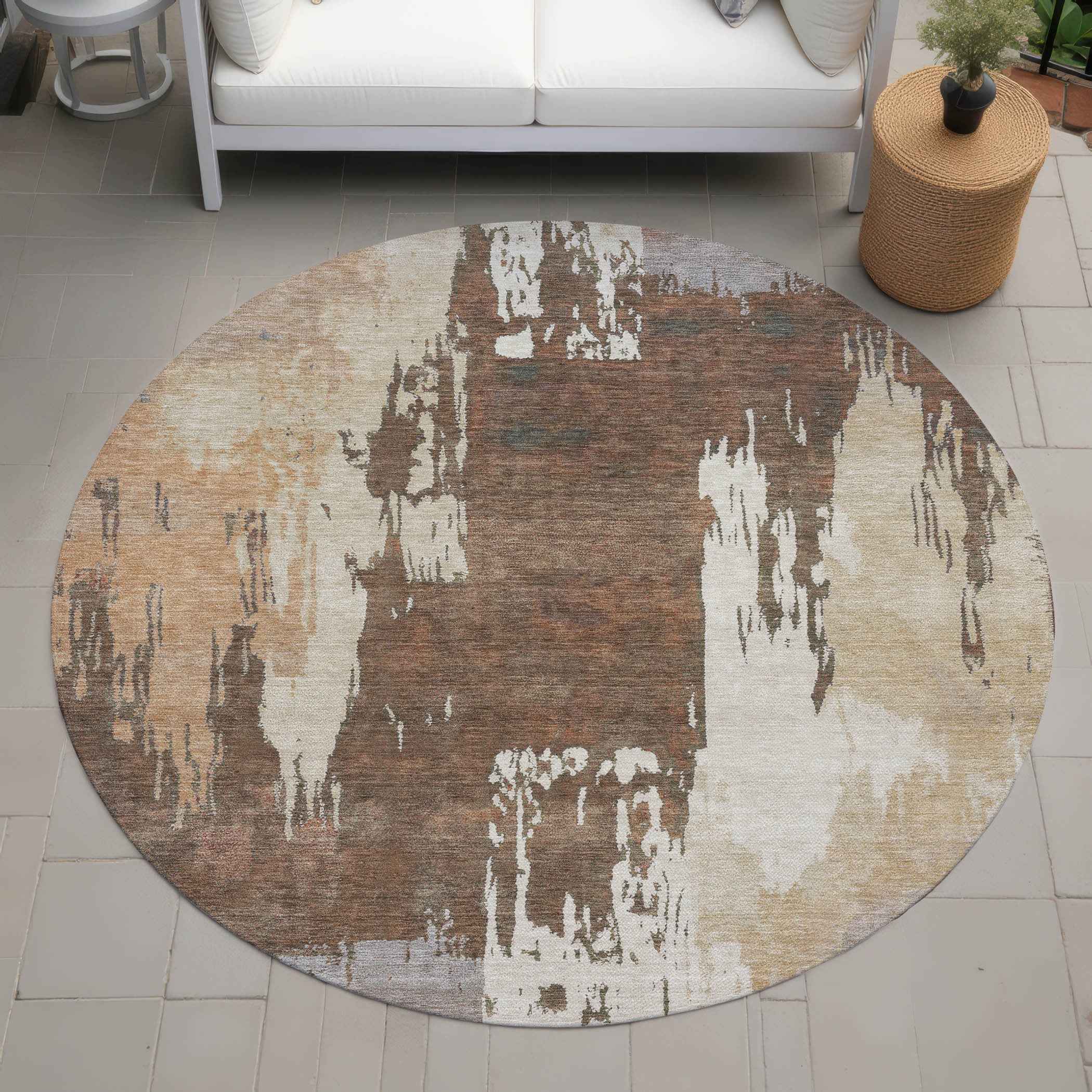 8' Rust Ivory And Gray Round Abstract Washable Indoor Outdoor Area Rug