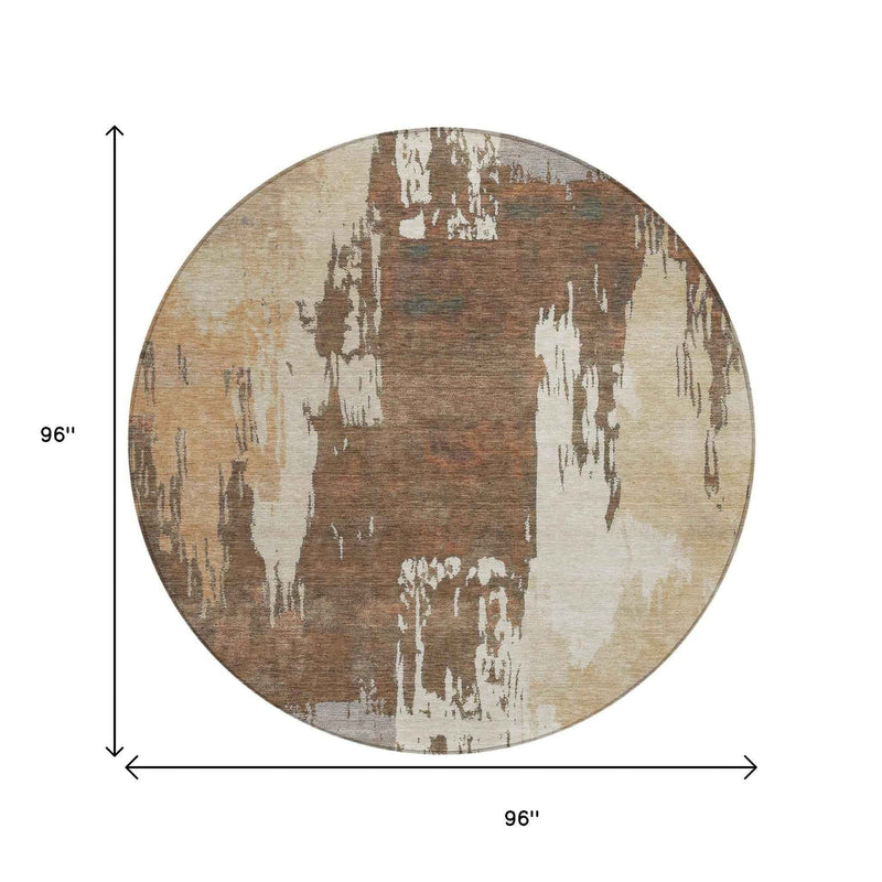 8' Rust Ivory And Gray Round Abstract Washable Indoor Outdoor Area Rug