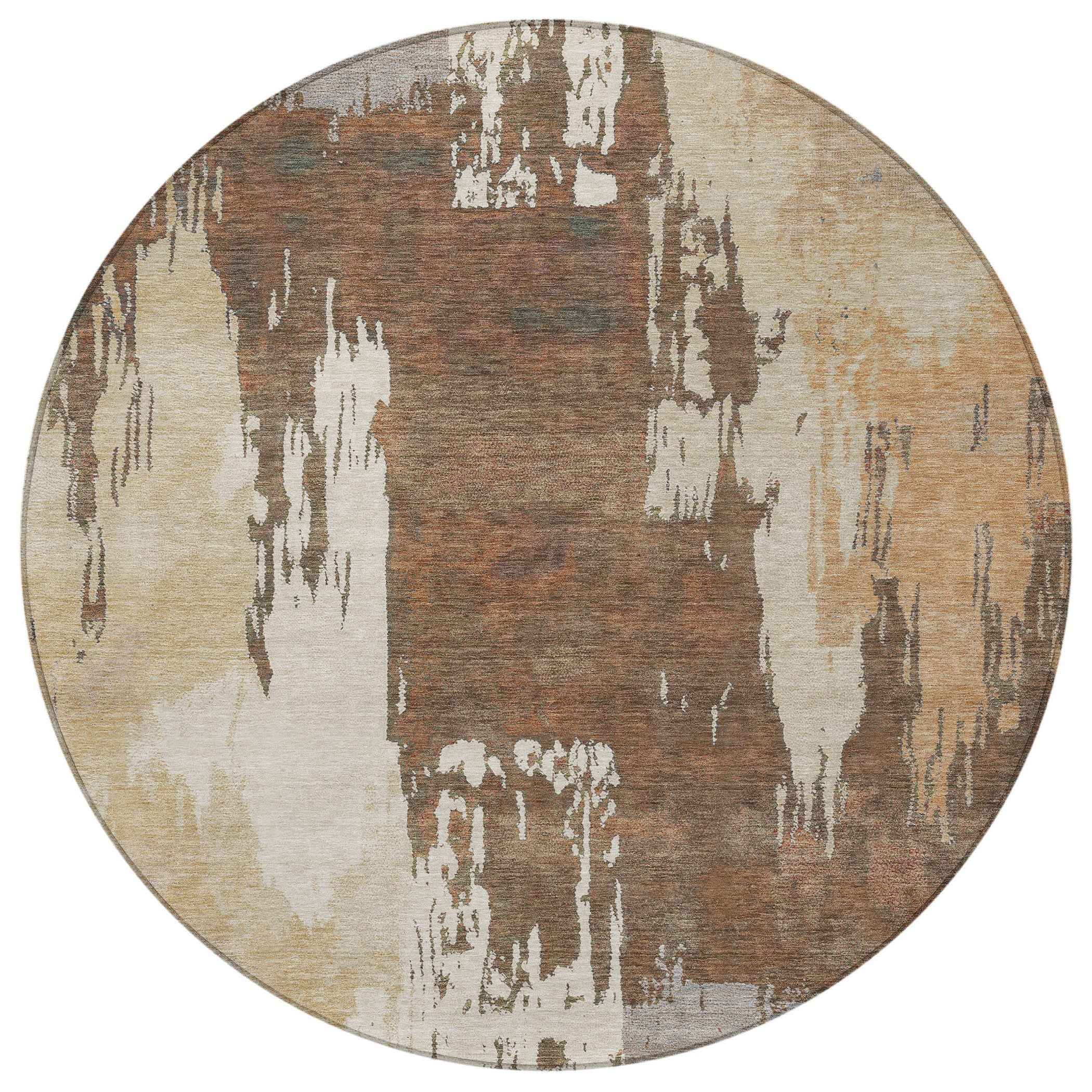 8' Rust Ivory And Gray Round Abstract Washable Indoor Outdoor Area Rug