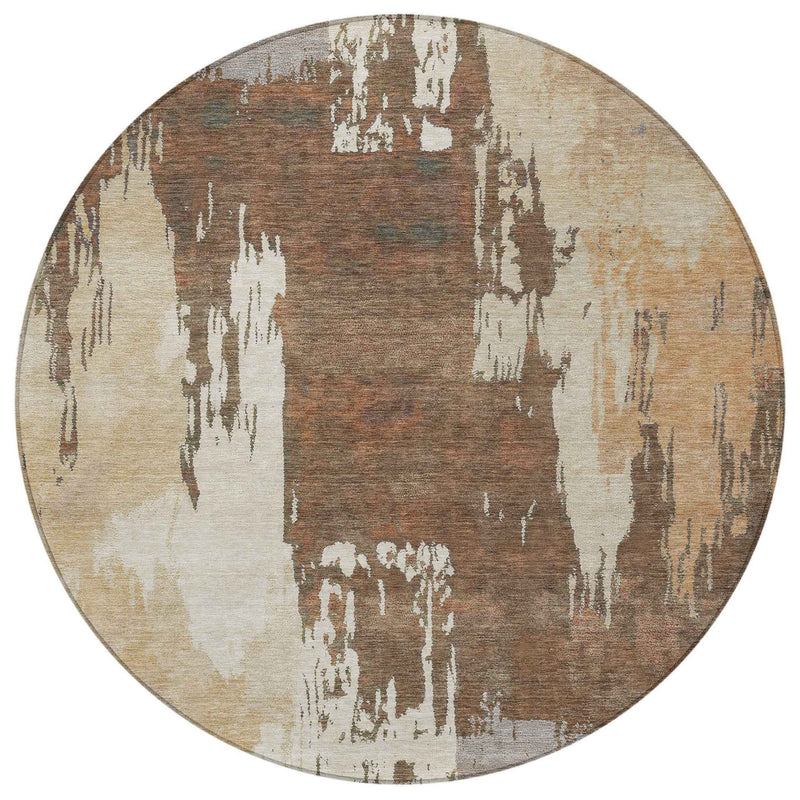 8' Rust Ivory And Gray Round Abstract Washable Indoor Outdoor Area Rug