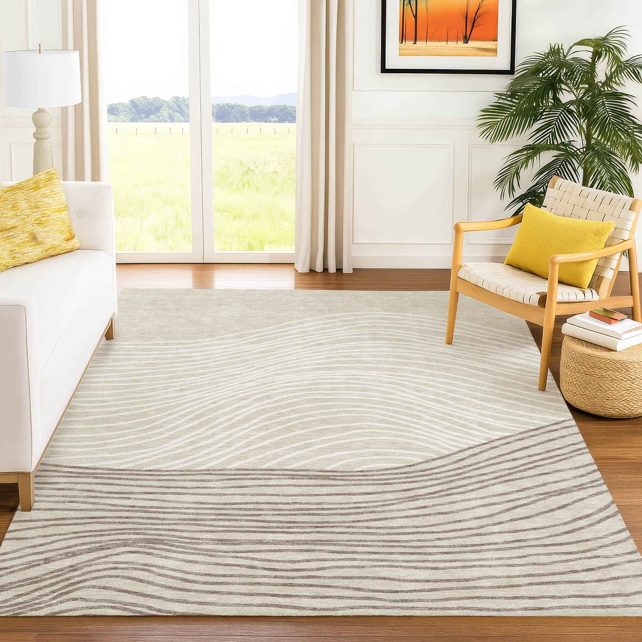 10' X 14' Beige Ivory And Brown Striped Washable Indoor Outdoor Area Rug