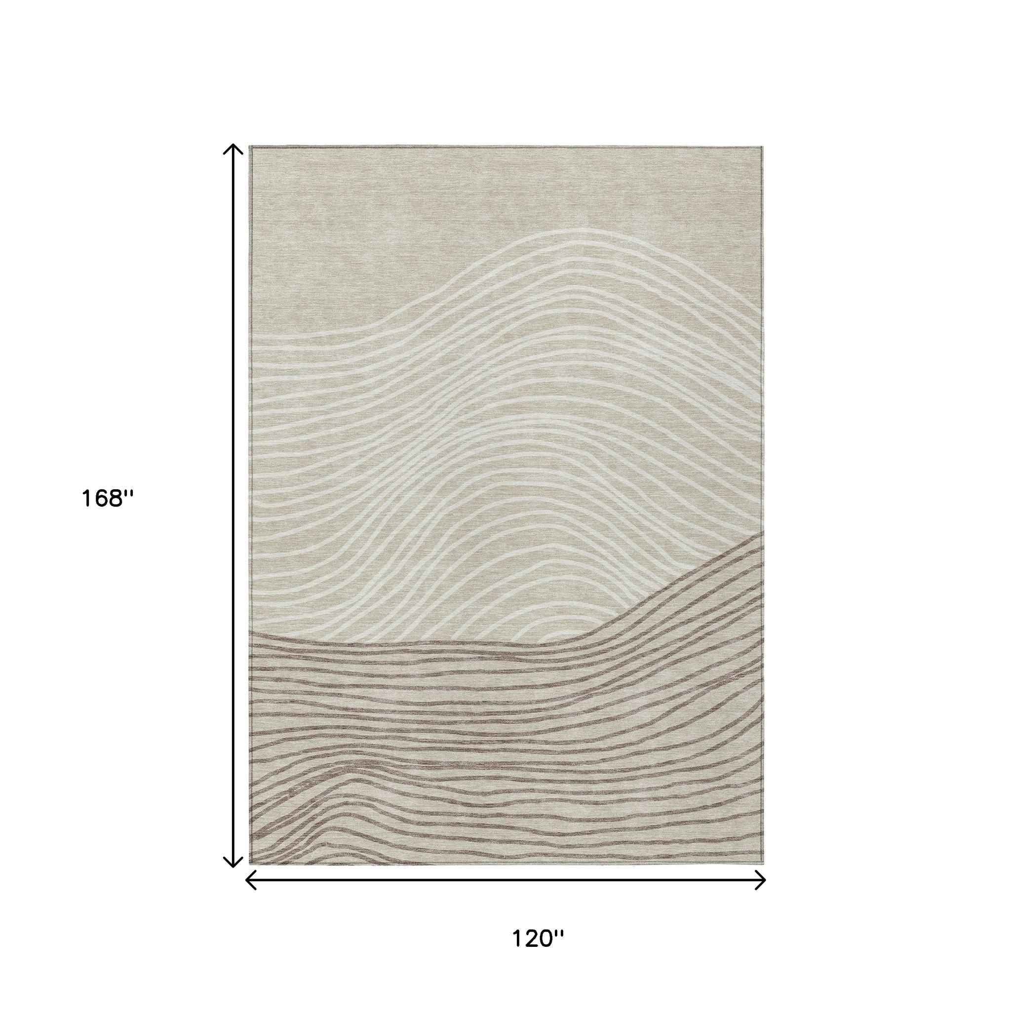 10' X 14' Beige Ivory And Brown Striped Washable Indoor Outdoor Area Rug