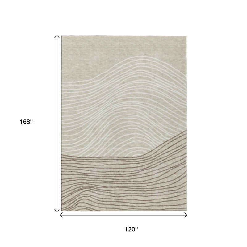 10' X 14' Beige Ivory And Brown Striped Washable Indoor Outdoor Area Rug