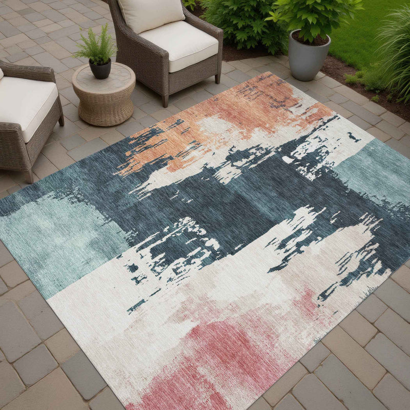 8' X 10' Teal Blue Pink And Orange Abstract Washable Indoor Outdoor Area Rug