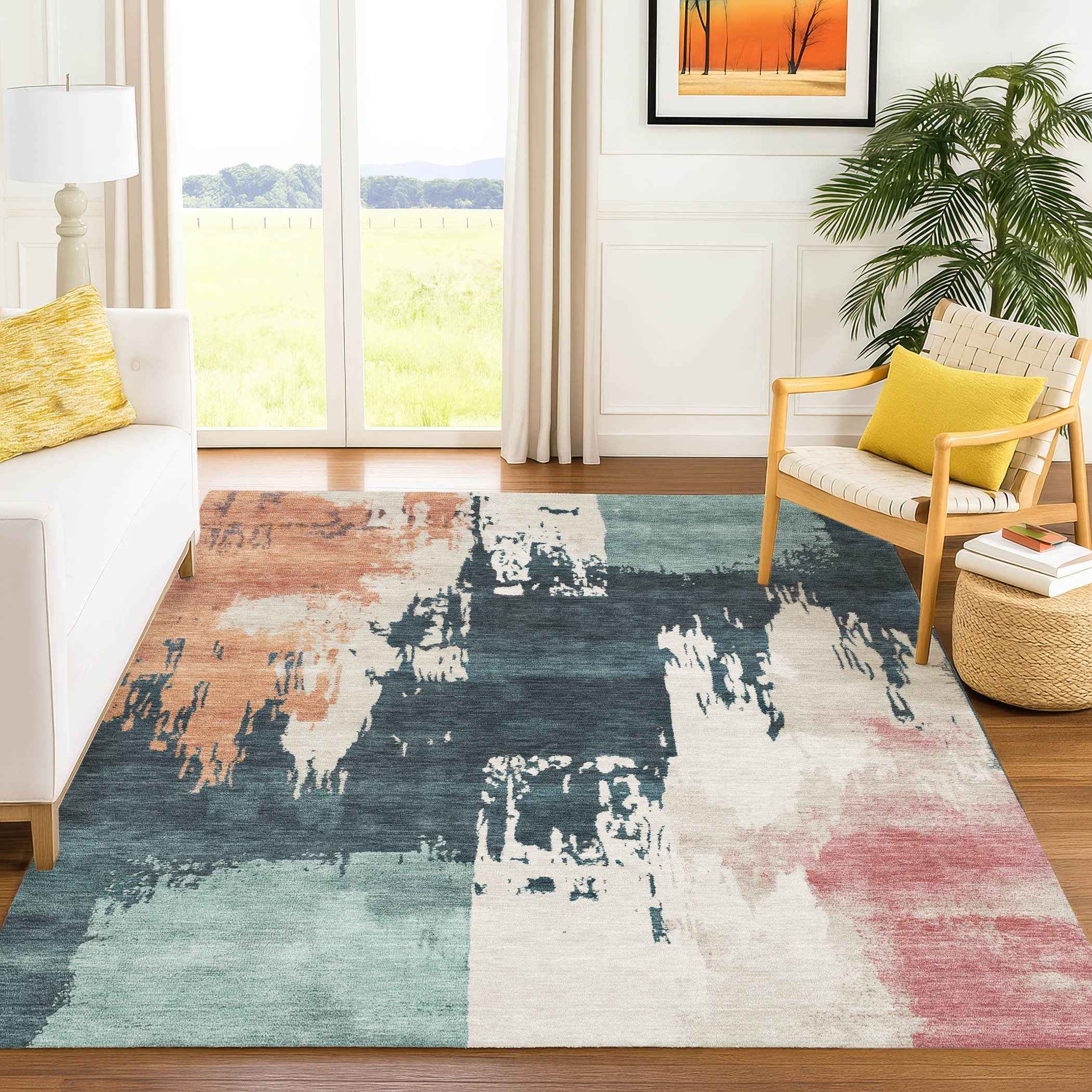 8' X 10' Teal Blue Pink And Orange Abstract Washable Indoor Outdoor Area Rug
