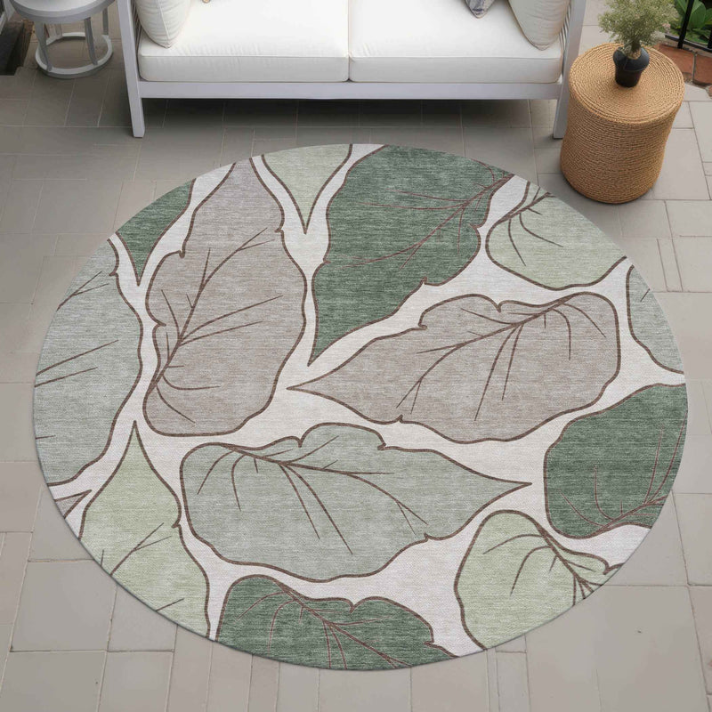 8' Fern Green And Ivory Round Botanical Leaves Washable Indoor Outdoor Area Rug