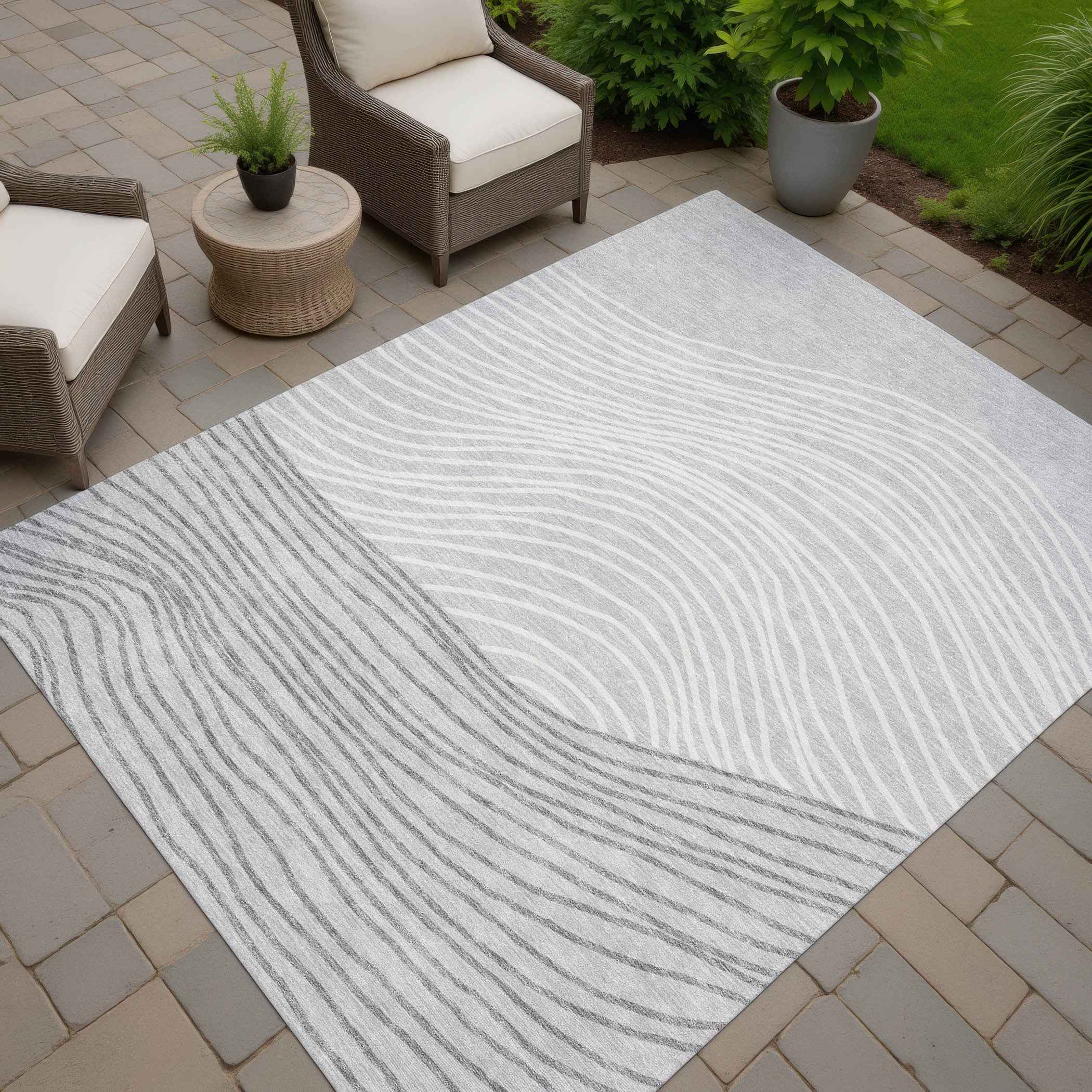 3' X 5' Gray And Ivory Striped Washable Indoor Outdoor Area Rug
