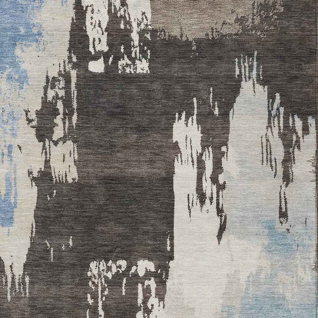 9' X 12' Brown Ivory And Blue Abstract Washable Indoor Outdoor Area Rug