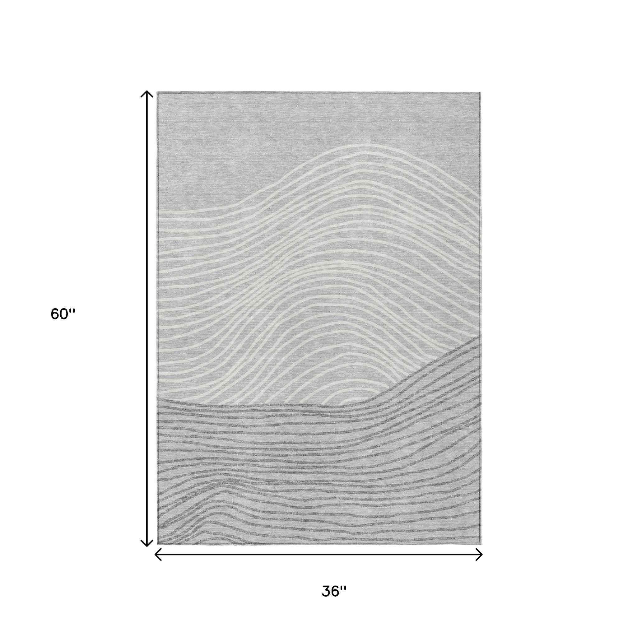 3' X 5' Gray And Ivory Striped Washable Indoor Outdoor Area Rug