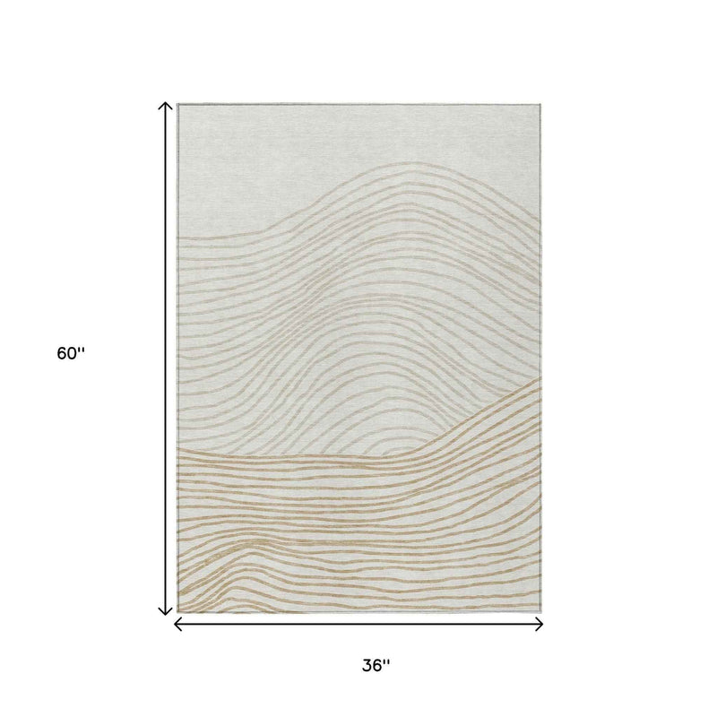 3' X 5' Ivory And Wheat Striped Washable Indoor Outdoor Area Rug