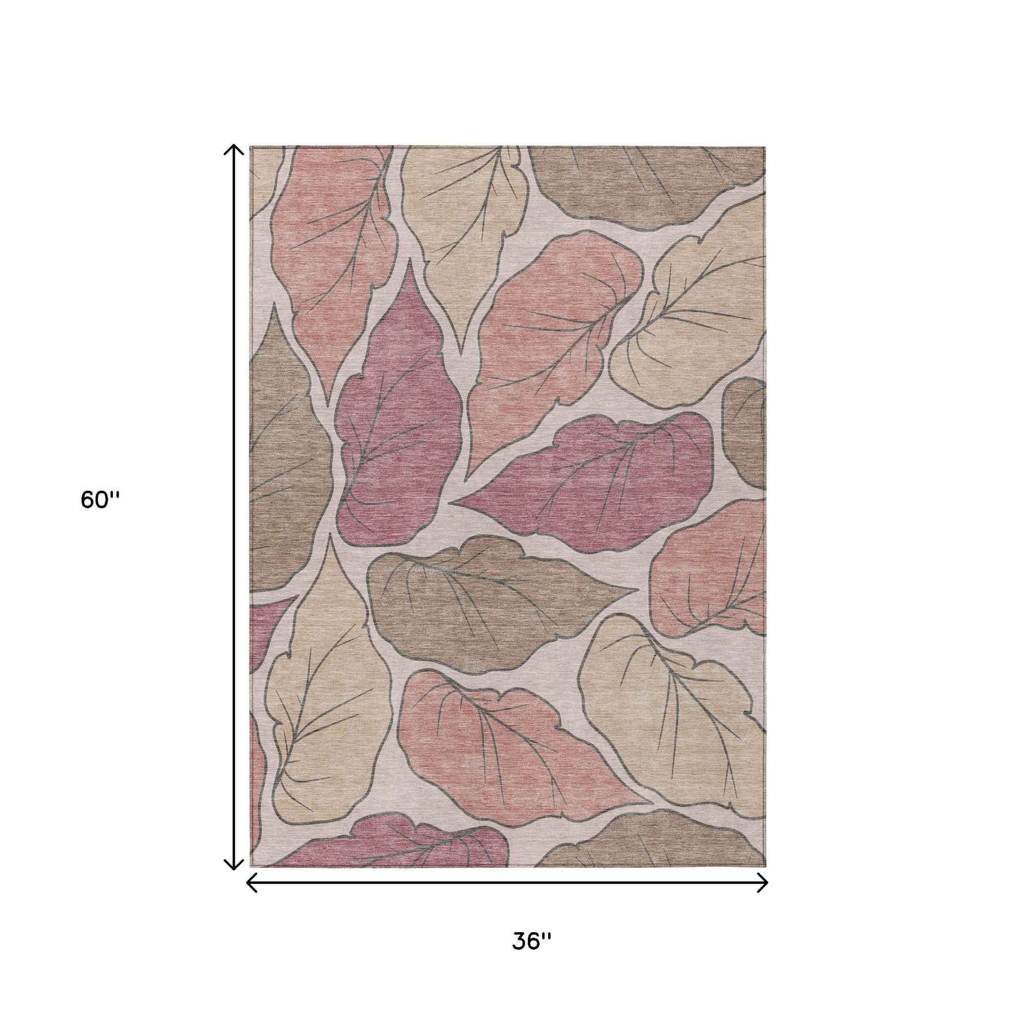 3' X 5' Blush And Ivory Botanical Leaves Washable Indoor Outdoor Area Rug