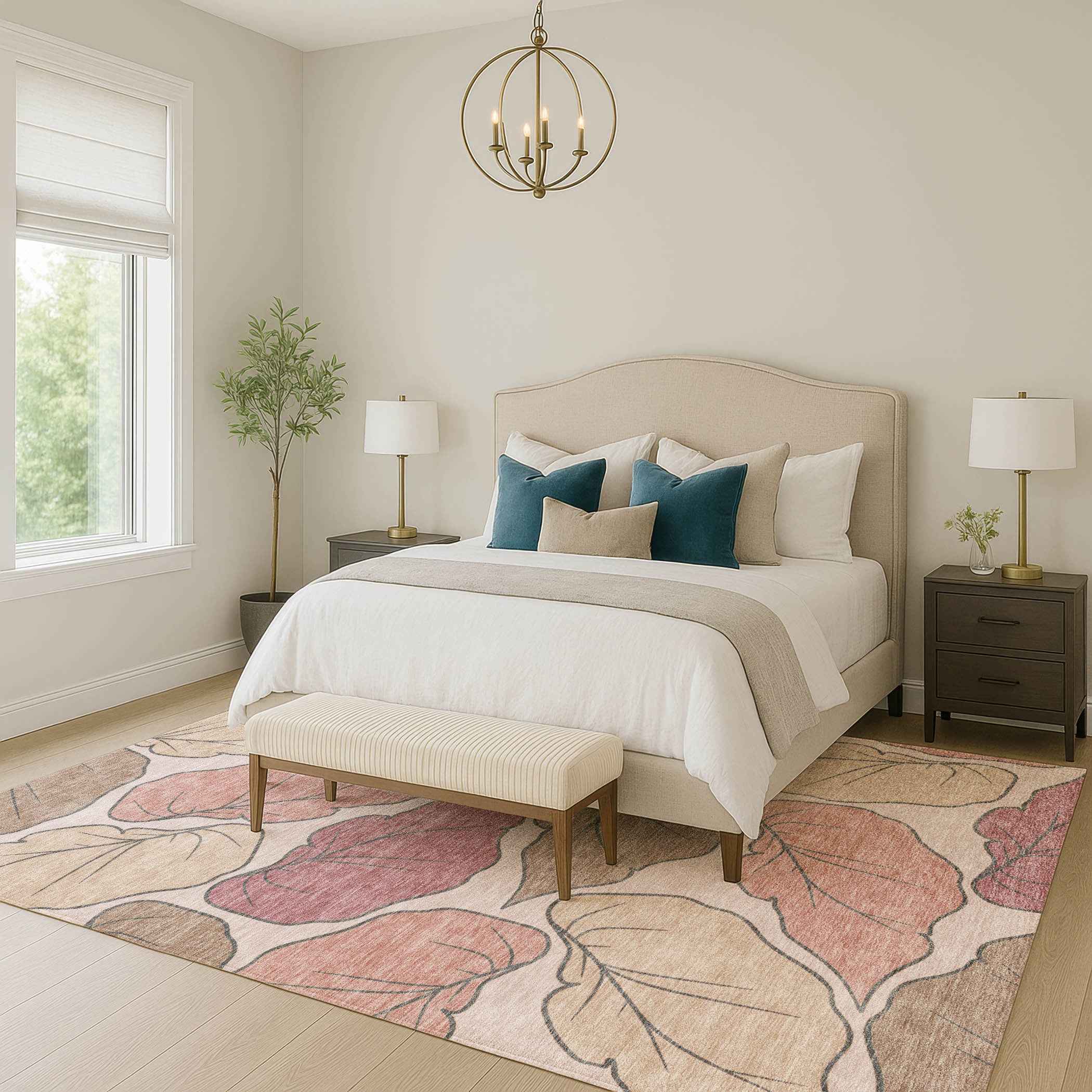 3' X 5' Blush And Ivory Botanical Leaves Washable Indoor Outdoor Area Rug